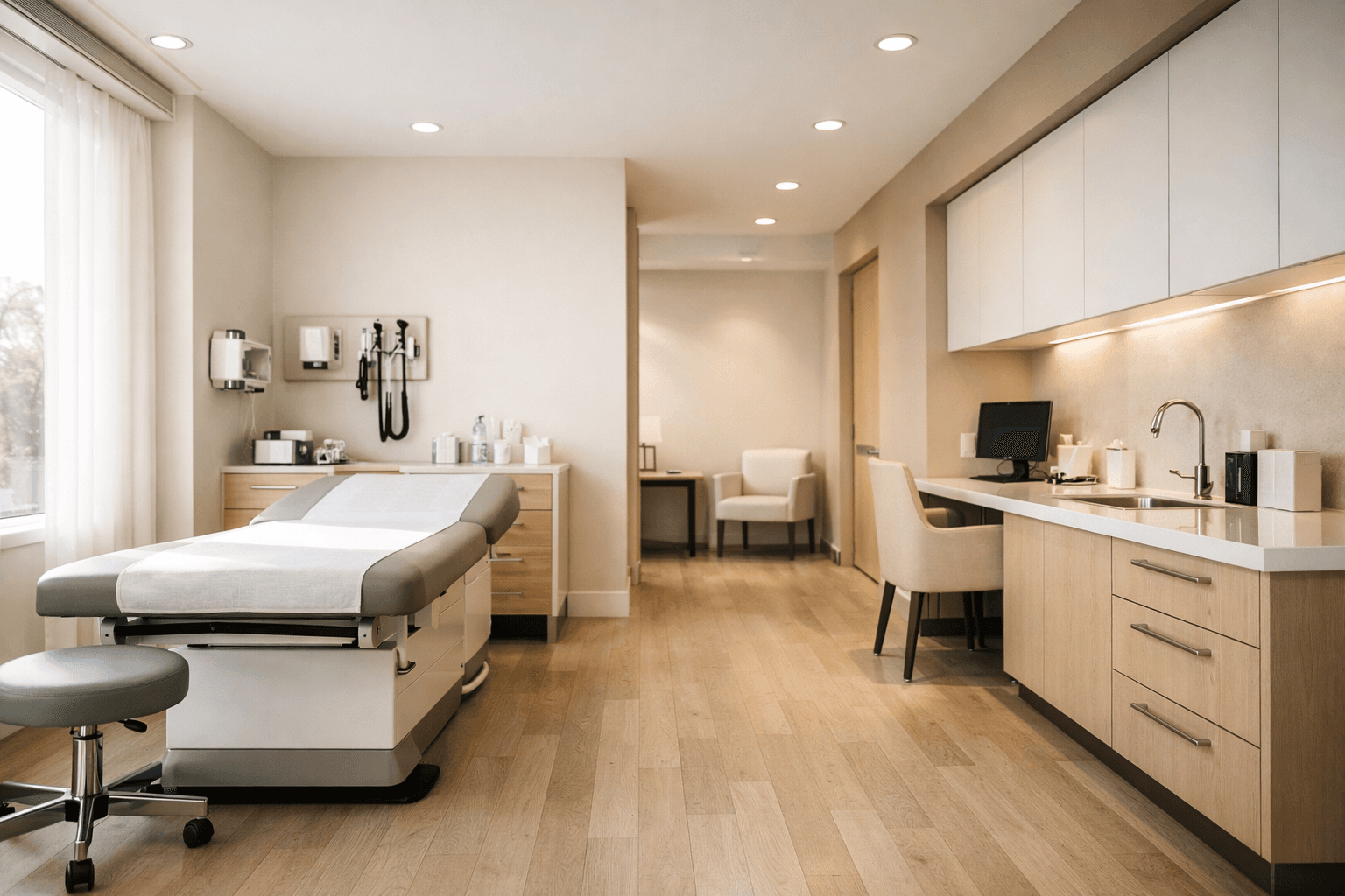 Fully equipped clinical exam room ready for a Room Seeker to use without long-term overhead.
