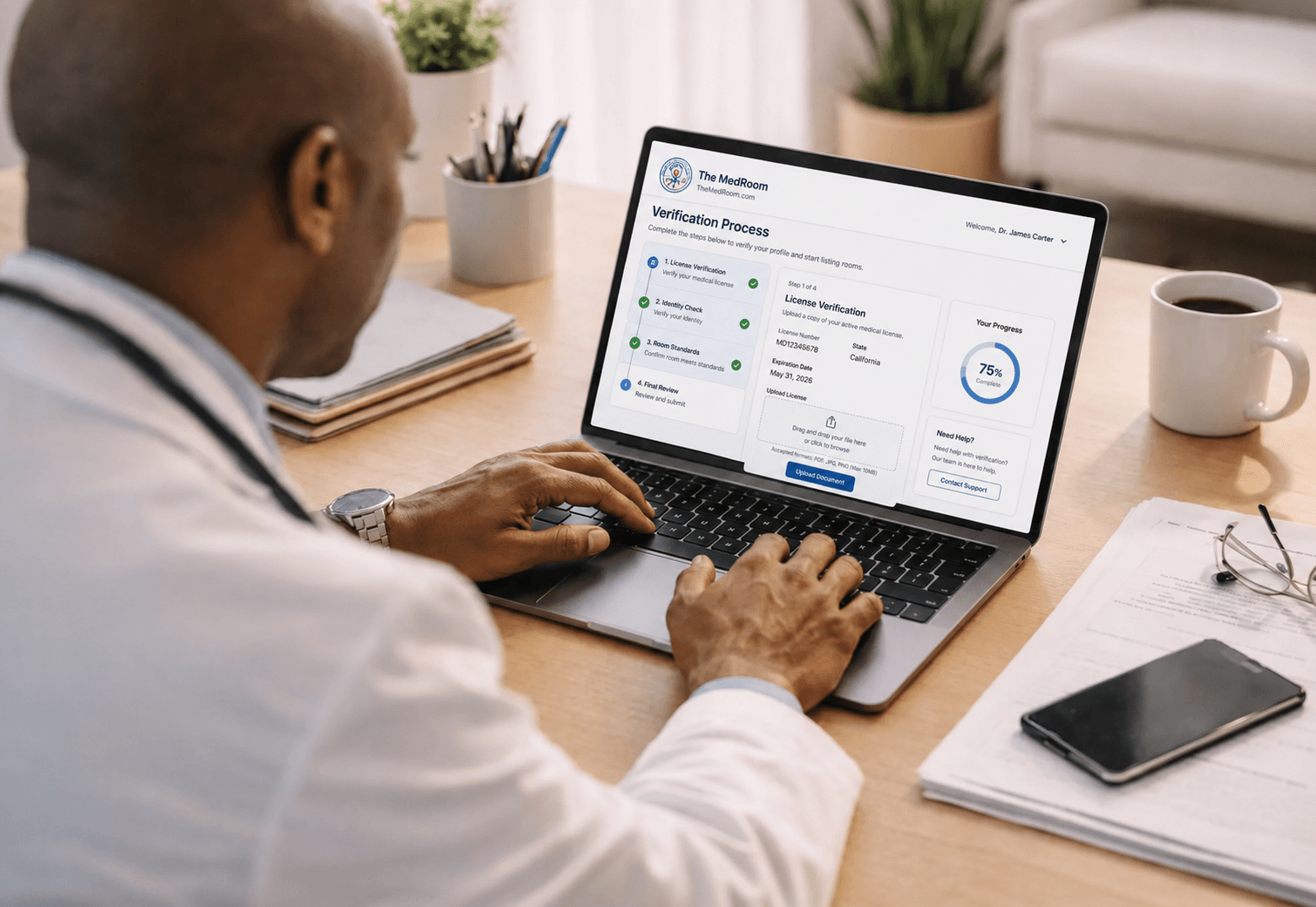 Manual verification and review process for trusted clinical space access through The MedRoom Tampa Bay Beta.